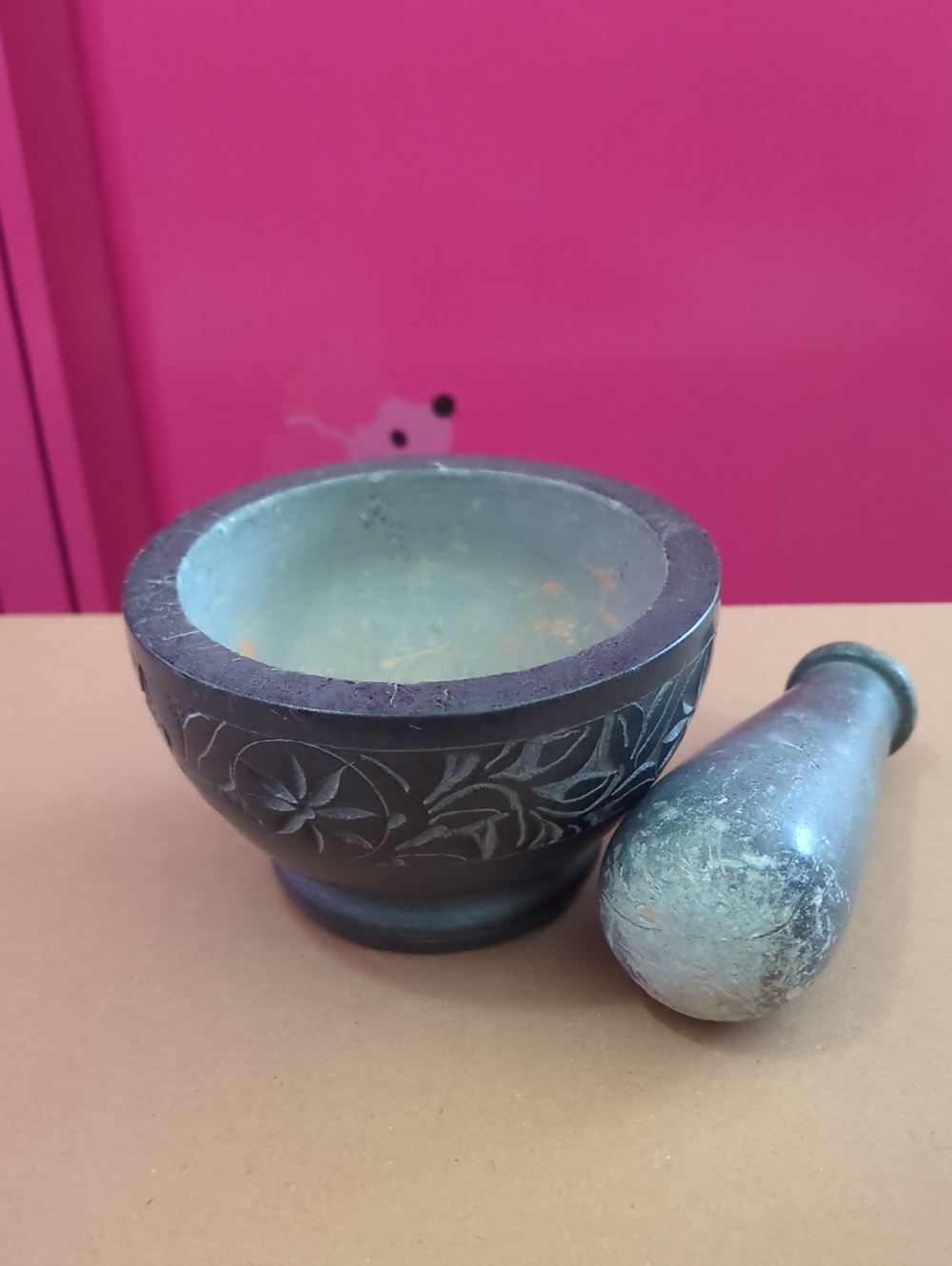 Decorative Carved Stone Mortar & Pestle - Dark Gray